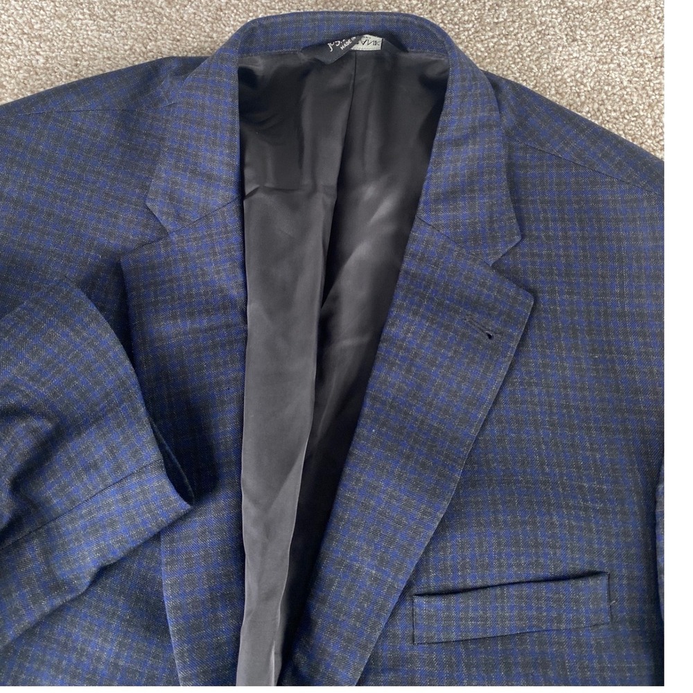Jos A Bank Signature Collection Silk Wool Blazer 46L Blue Black Plaid Sport Coat